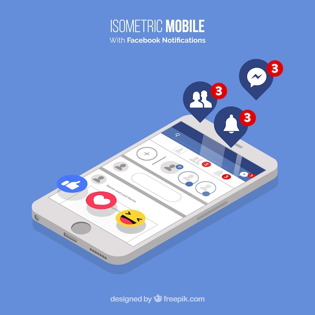 Isometric view of mobile phone with facebook notifications