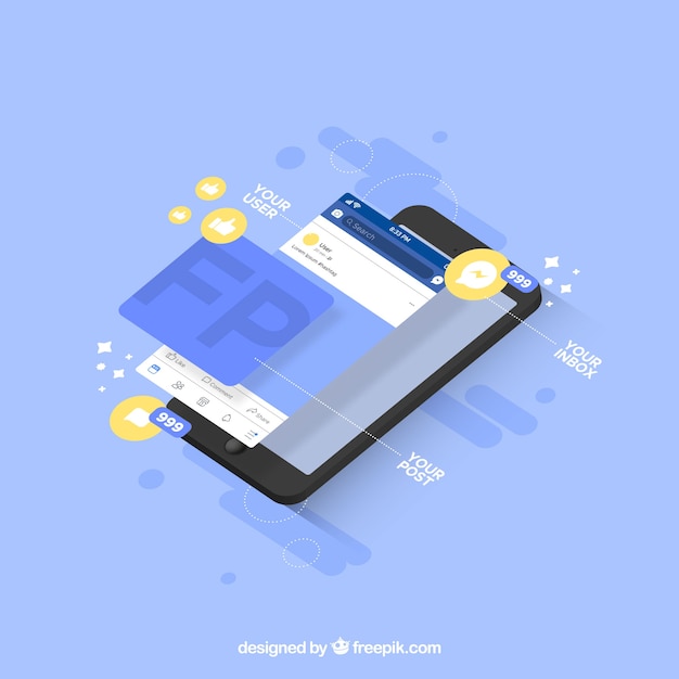 Isometric view of mobile phone with facebook notifications