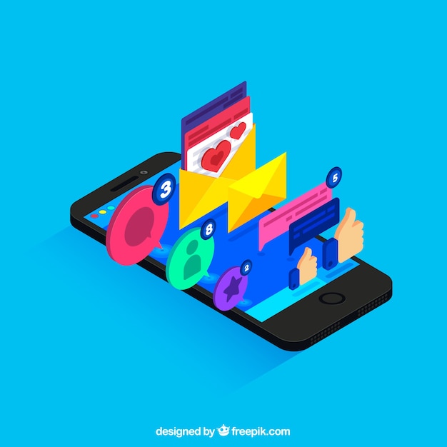 Isometric view of mobile phone with instagram post