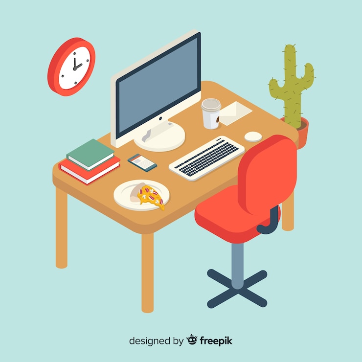 Free Vector isometric view of modern office desk with flat design