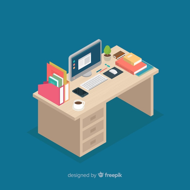 Free vector isometric view of modern office desk with flat design