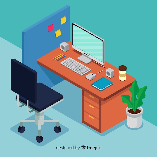 Isometric view of modern office desk with flat design