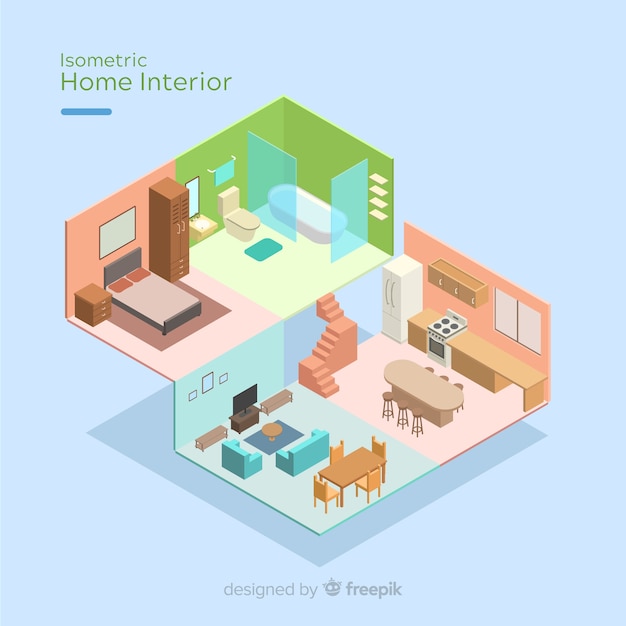 無料ベクター 現代のインテリアの等角図