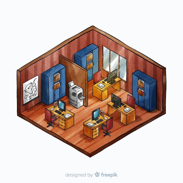 Free vector isometric view of watercolor modern office