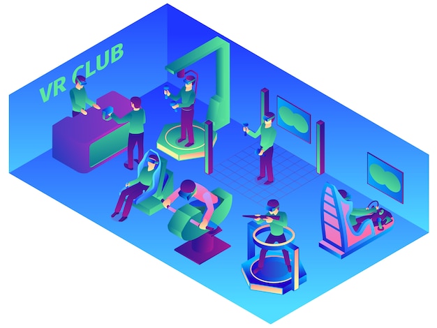 無料ベクター ウェアラブルデバイスとアトラクションベクトルイラストvrコンピュータークラブの屋内ビューと等尺性仮想現実組成