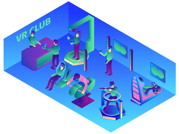 Free vector isometric virtual reality composition with indoor view of vr computer club with wearable devices and attractions vector illustration