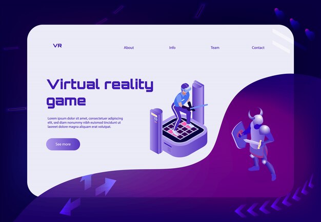 Isometric virtual reality concept banner landing page with warrior characters links and see more button