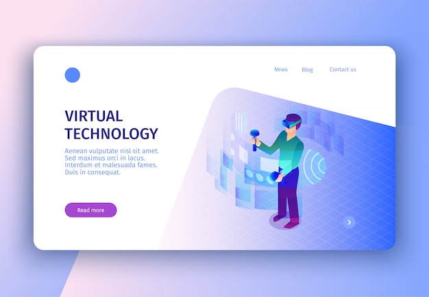 Free vector isometric virtual reality concept landing page with images clickable links read more button