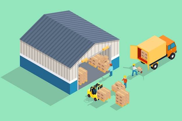 Isometric warehouse. Loading and unloading from warehouse.