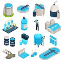 Free vector isometric water purification technology set of isolated icons with barrels lab flasks aeration pools and worker vector illustration