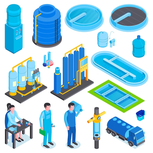 Free vector isometric water purification technology set with isolated images of industrial machines storage tanks and human characters vector illustration