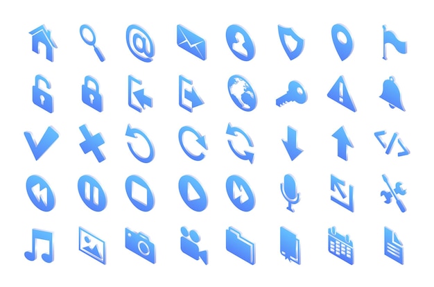 Isometric web icons of mail, search, home