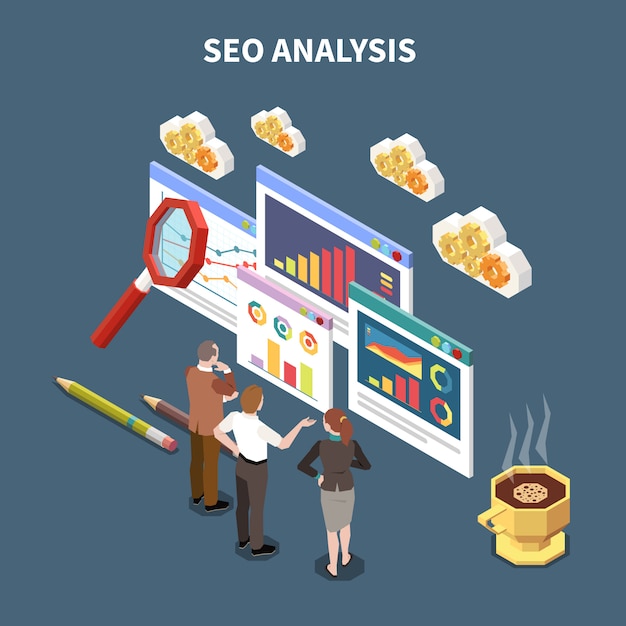 Free vector isometric web seo composition with seo analysis headline and three colleagues look on abstract statistics and graphs  illustration