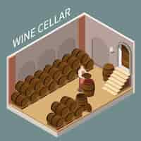 Free vector isometric wine cellar with lots of barrels illustration