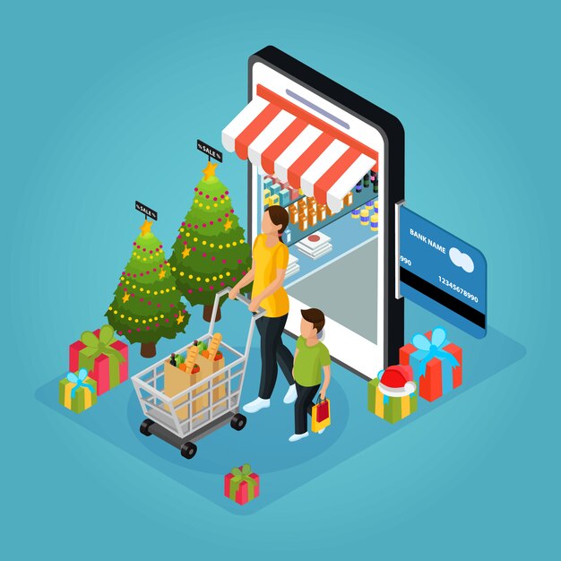 Isometric winter holiday online shopping concept with woman boy present boxes Christmas trees mobile isolated 