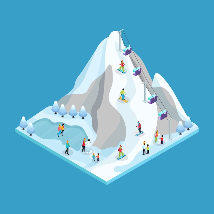 Free Vector isometric winter leisure activity concept with people and ski skating and snowboarding resort isolated