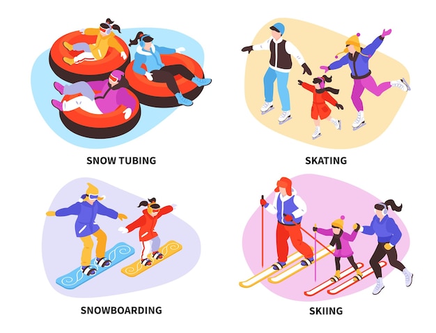 Isometric winter sports and activities illustration