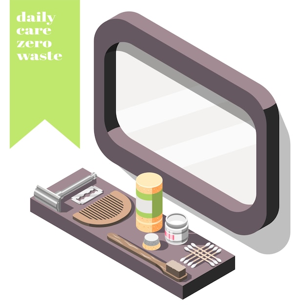 Isometric with zero waste eco cosmetics and personal items on shelf under mirror 3d