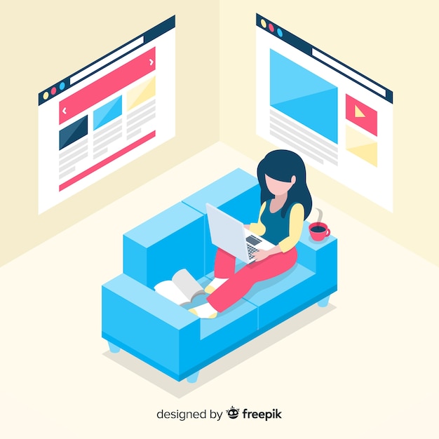 Free vector isometric woman using electronic device background