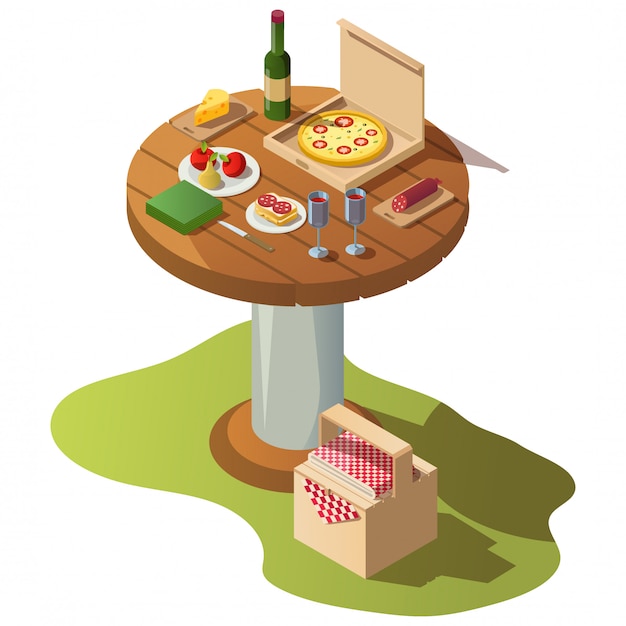 Isometric wooden table for picnic with food