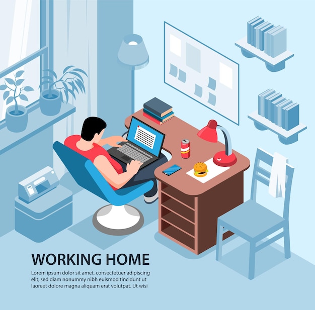 Composizione isometrica nell'illustrazione della casa di lavoro con l'interno del soggiorno e il personaggio maschile con laptop e testo