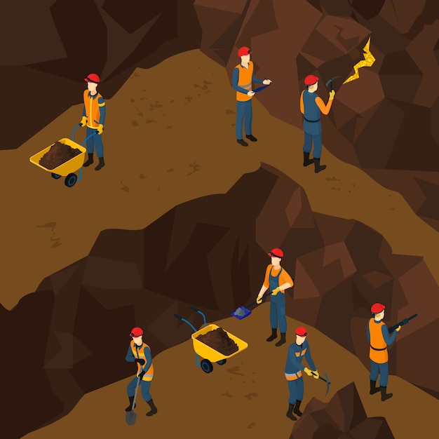 Бесплатное векторное изображение Изометрические рабочие люди шахтера концепция