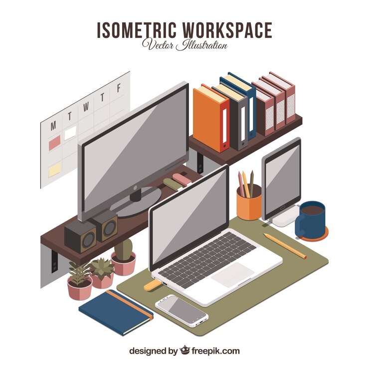 Free Vector isometric workspace with modern technology