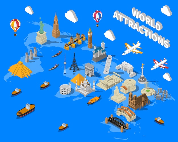 Free vector isometric world famous landmarks map poster