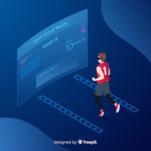 Free vector isometric young person running using technological devices background