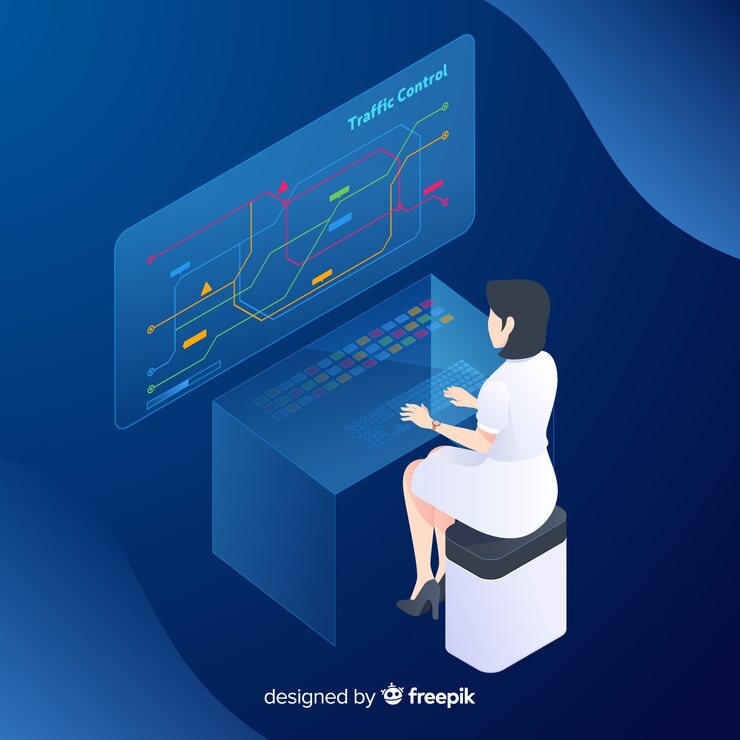 Free Vector isometric young woman using technological devices background