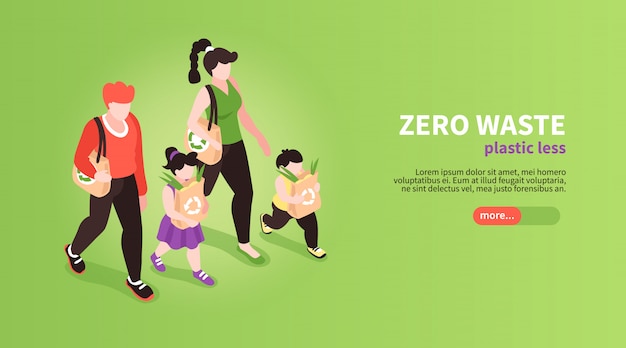 Isometric zero waste banner background with slider button editable text and human characters of family members  illustration