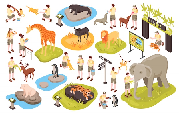 Isometric zoo set with images of animals human characters of personnel and animal park items cector illustration