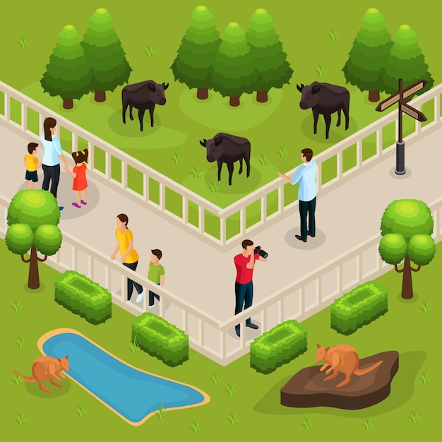 Free vector isometric zoo template with people watching and photographing buffalos and kangaroos