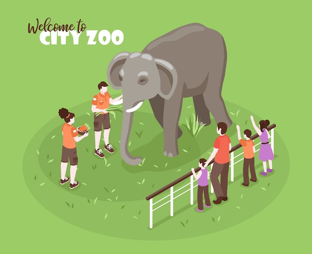 等尺性動物園労働者は、編集可能なテキストと子供と大きな象と人間のキャラクターと背景を色します。