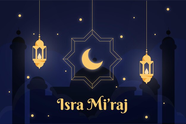 Isra miraj illustration with moon and lanterns