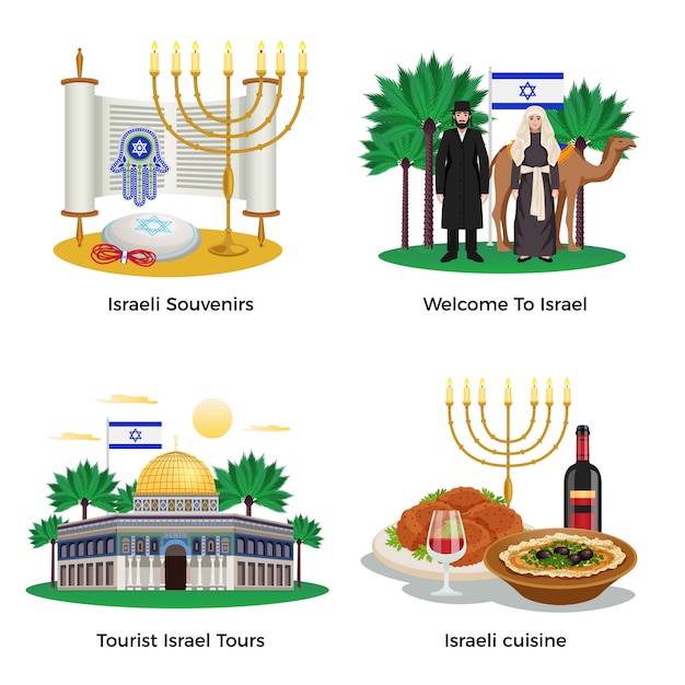 イスラエル旅行コンセプトアイコンセットツアーと料理のシンボルフラット分離イラスト