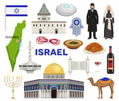 Free vector israel travel icons set with culture and cuisine symbols flat isolated  illustration