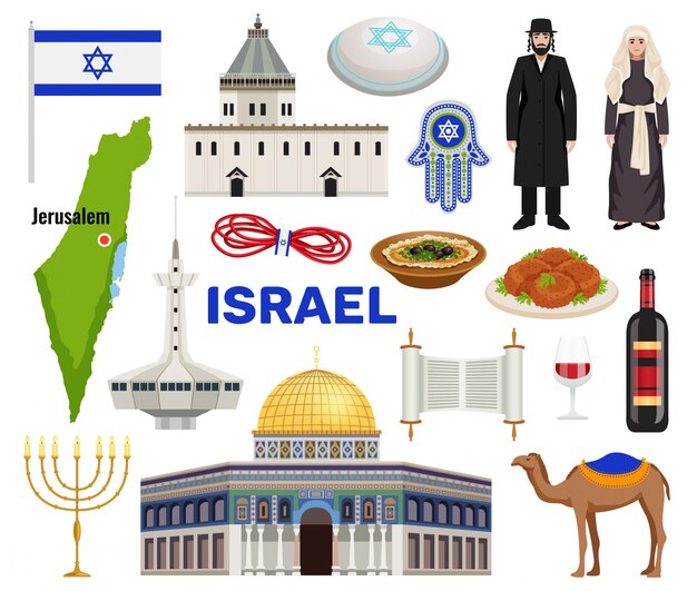 Israel travel icons set with culture and cuisine symbols flat isolated  illustration