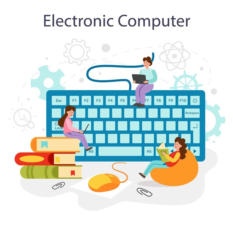 Free Vector it education concept student write software and create code for computer coding script for project and app digital technology for website interface and devices vector illustration