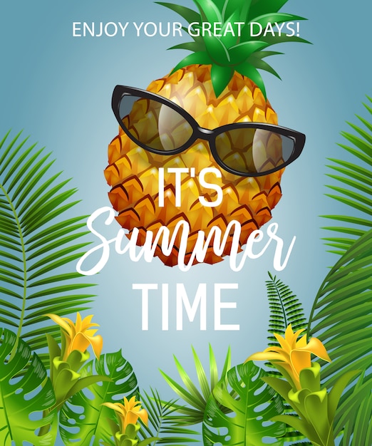 Free vector it is summer time lettering with pineapple in sunglasses. summer offer