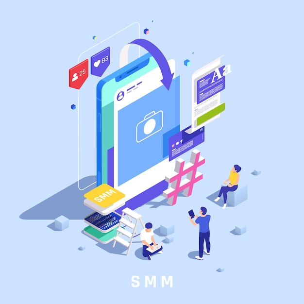 Изометрическая концепция ИТ-профессий с векторной иллюстрацией символов smm-менеджера