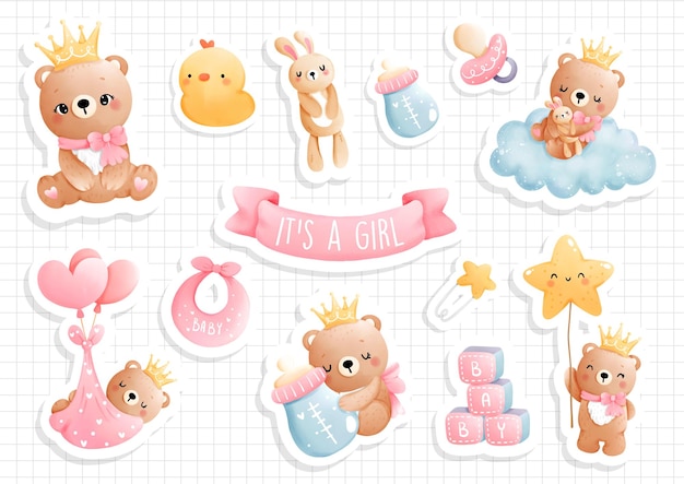 It's a girl  baby bear sticker  scrapbook. vector illustration