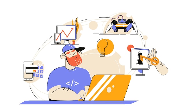 It specialist composition with flat view of hipster programmers workplace and icons cycle representing work pipeline vector illustration