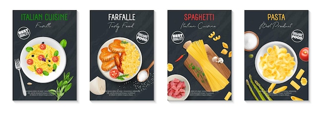 Free vector italian cuisine realistic vertical posters set with types of pasta and other ingredients isolated vector illustration