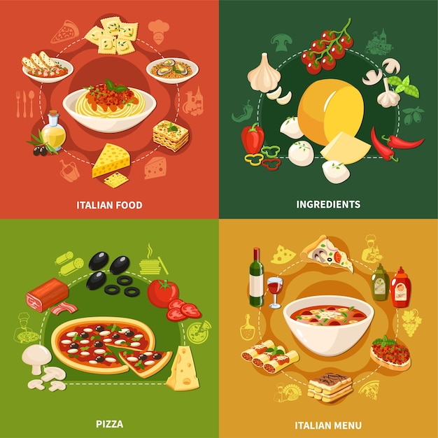 Free vector italian food 2x2 illustration concept set