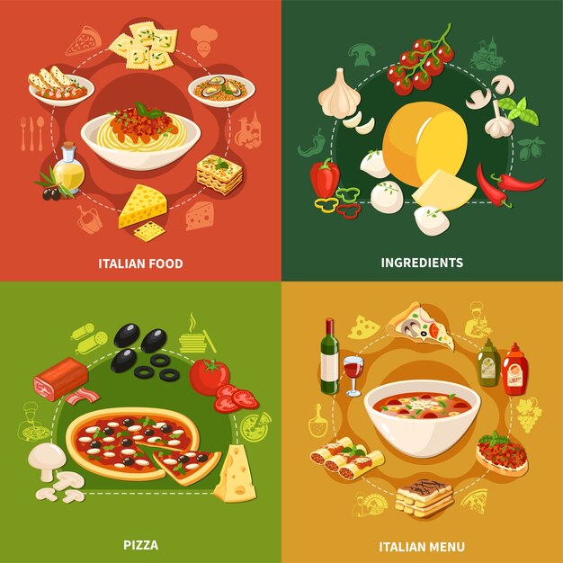 Italian food 2x2 illustration concept set