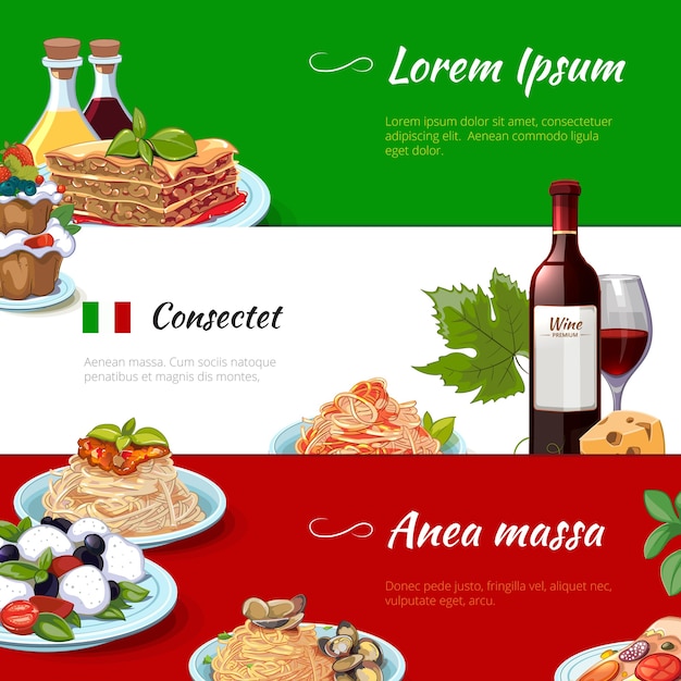 無料ベクター イタリア料理横バナーセット。料理とパスタ、イタリア、栄養チーズマカロニ、料理の伝統文化、ベクトルイラスト