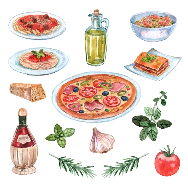 Italian food watercolor set with pizza pasta and wine