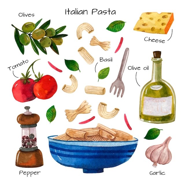 Vettore gratuito ricetta italiana ad acquerello per pasta e ingredienti