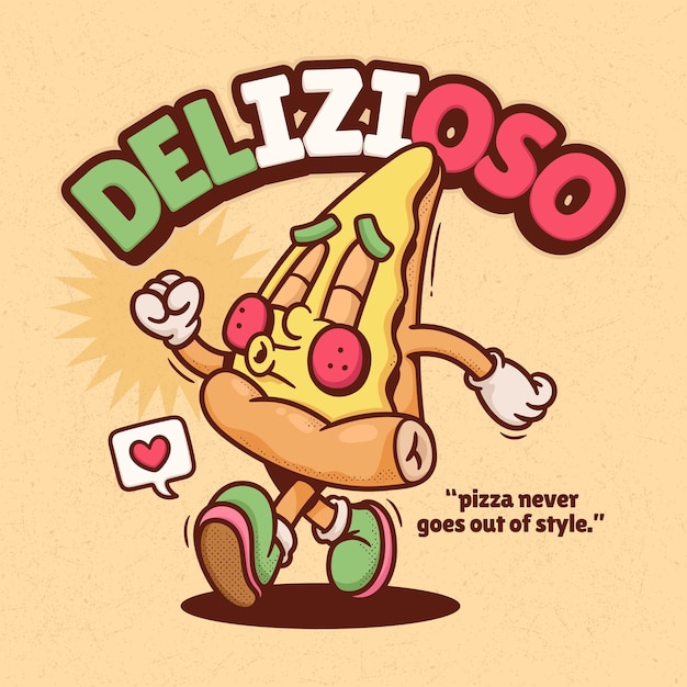 Free vector italian pizza trendy retro cartoon vector hand drawn